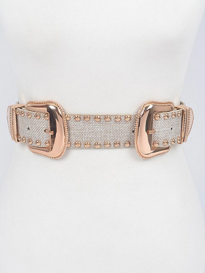 Natural Linen Studded Double Buckle Belt