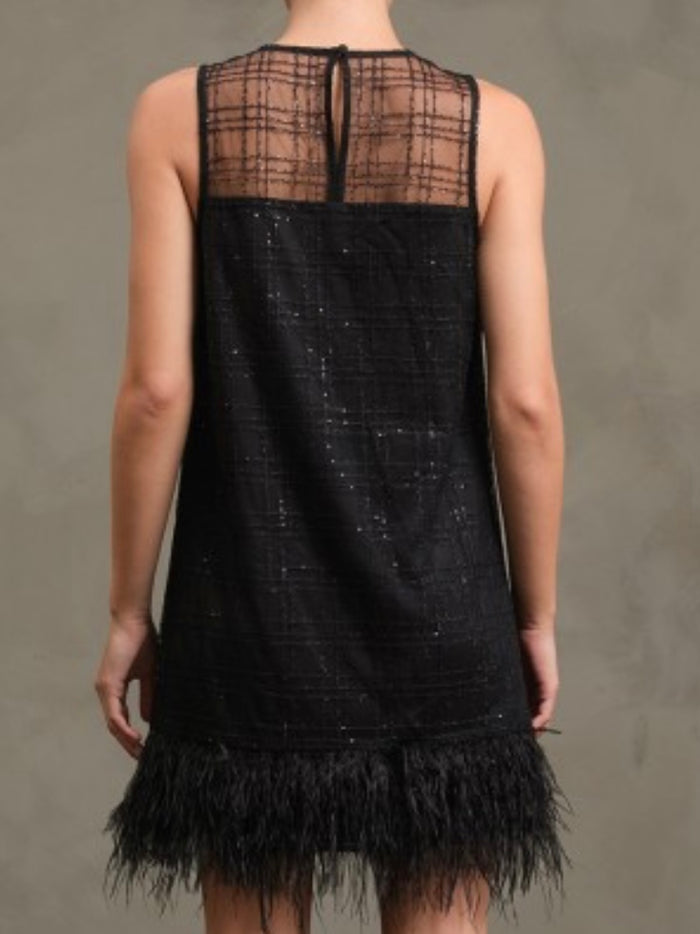 Black Feather Tweed Party Dress