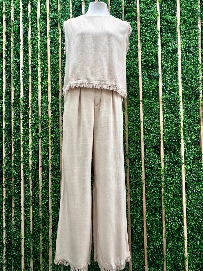 Fringe Trim Linen Wide Leg Pant
