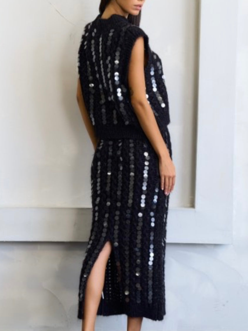 Beautiful Sequin Detail Knit High Neck Top