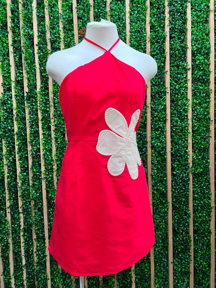 Red Floral Halter Mini Dress – Statement Summer Dress