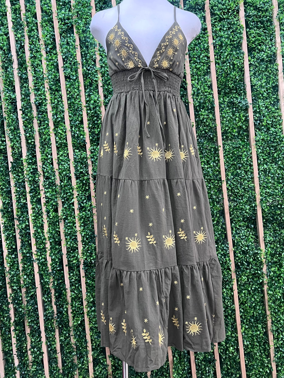 Sun Moon Olive Embroidered TIered MAxi Dress