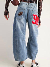 Football Patch Back Pockets Barrel Jeans