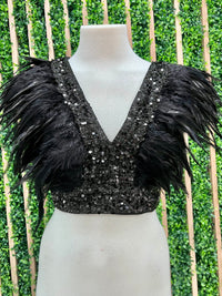 Black Sequin Feather Trim Crop Top