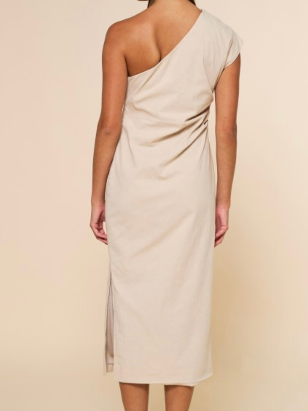 Taupe Black Flower Embroidery Fitted One Shoulder Midi Dress