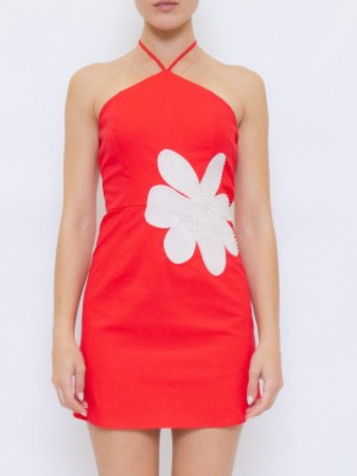 Red Floral Halter Mini Dress – Statement Summer Dress
