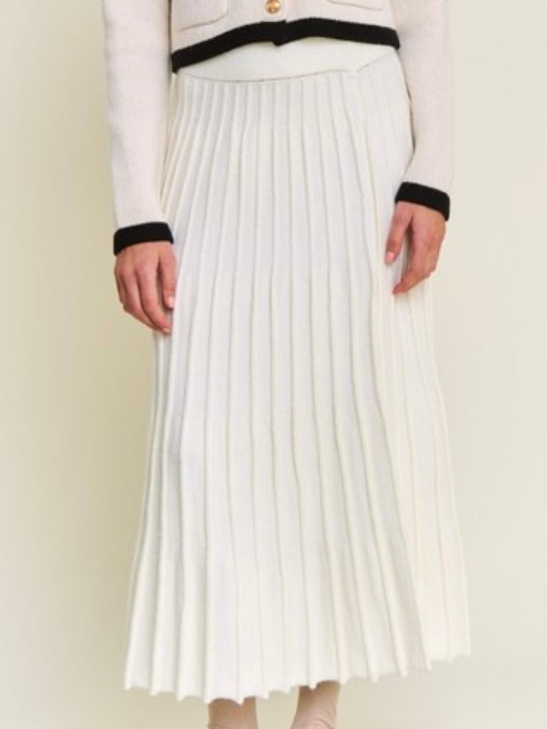 White Pleated Knit Midi Skirt