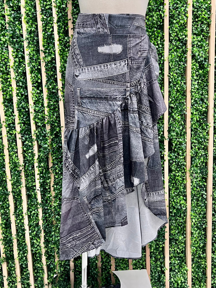 Denim Print Wrap Skirt