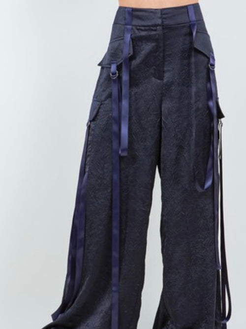 Satin Navy Crinkled Cargo Dressy Pants