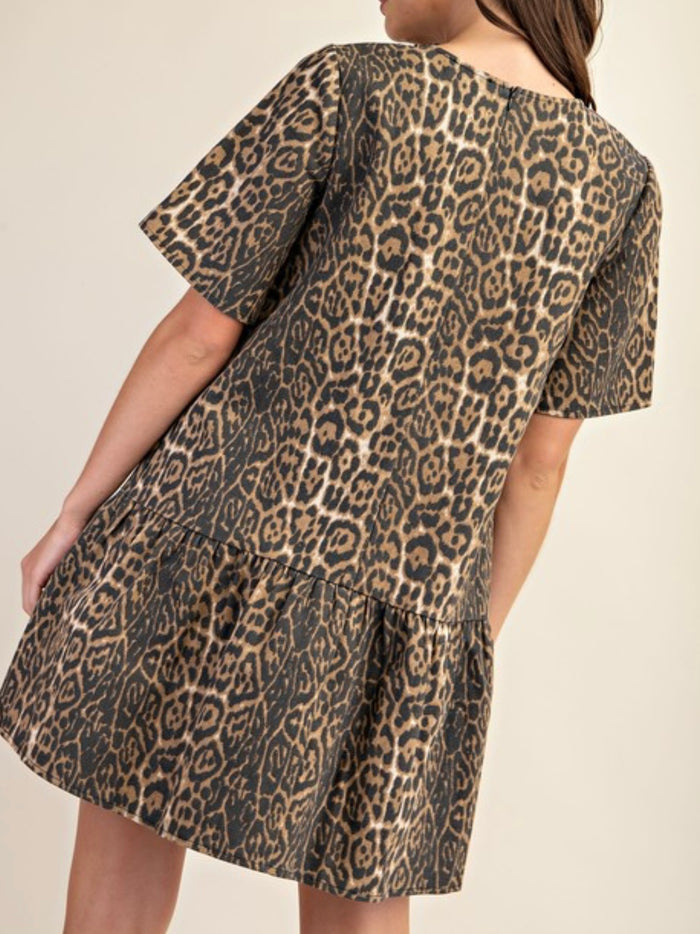 Brown Leopard Tiered Short Dress