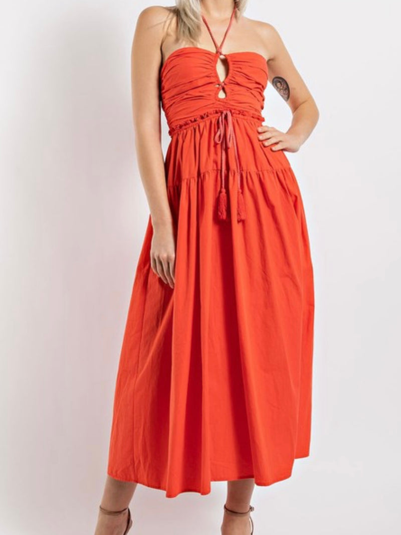 Tomato Halter Ruched Midi Dress