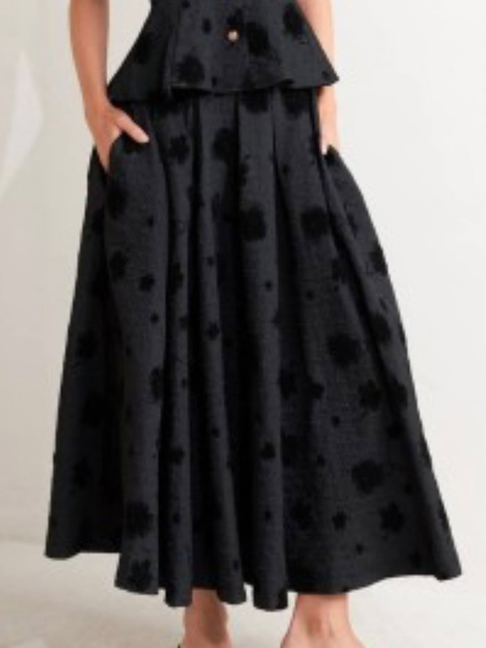 Beautiful Black Floral Embossed Midi Skirt