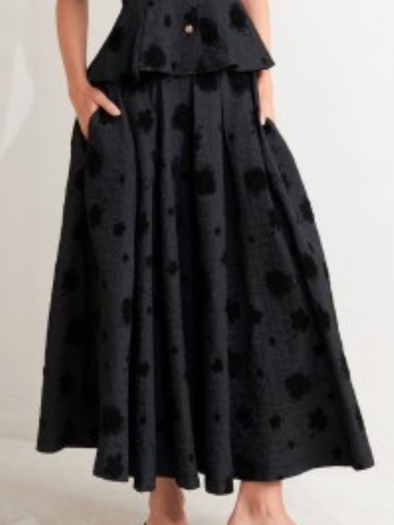 Beautiful Black Floral Embossed Midi Skirt