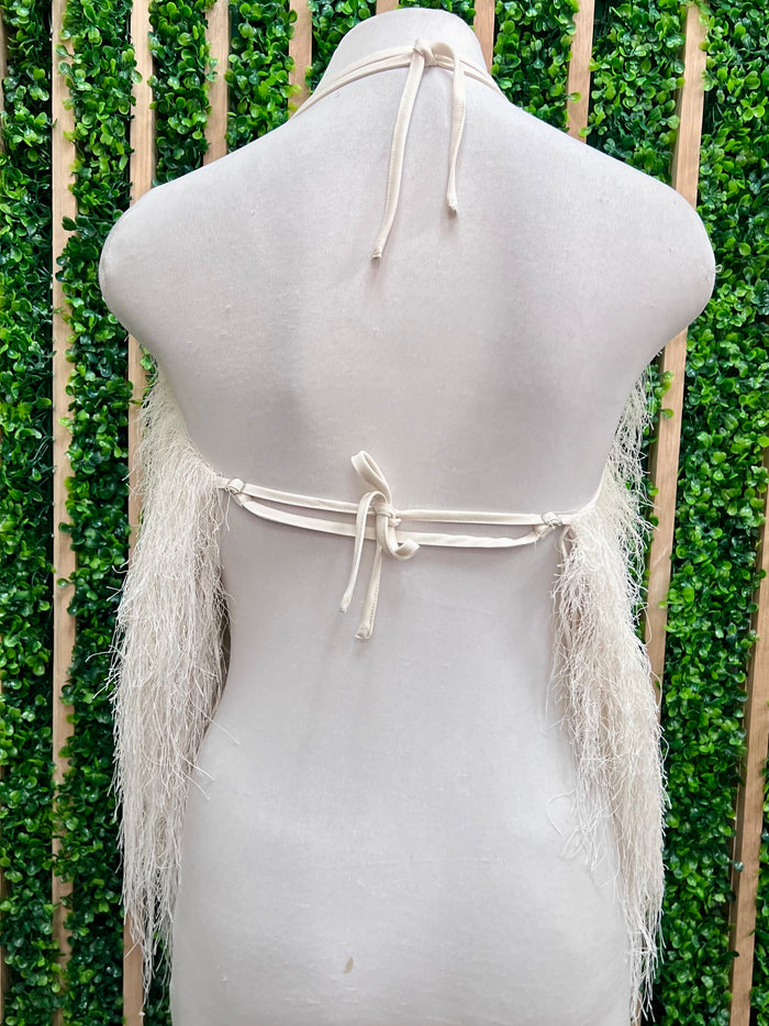 Ivory Fuzzy Fringe Halter Tank Top