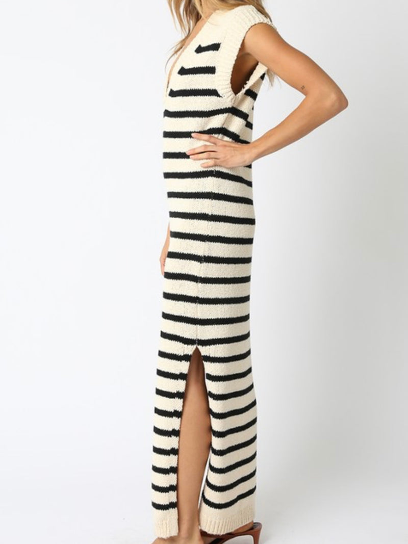 Striped Knit V Neck Sleeveless Maxi Dress