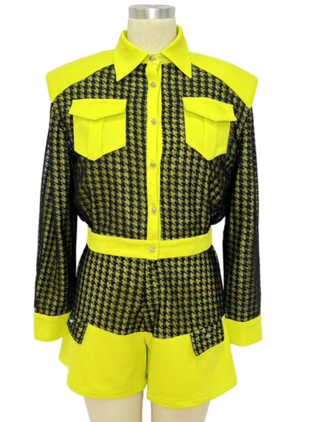 Neon Green Black Houndstooth Detail Short Pant