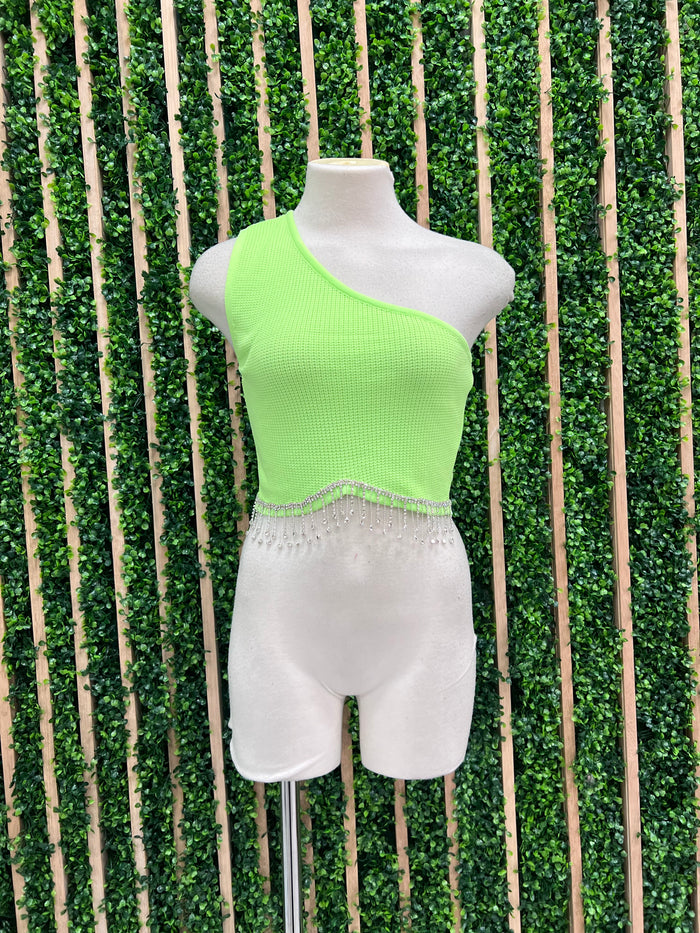Rhineston Fringe One Shoulder Crop Top