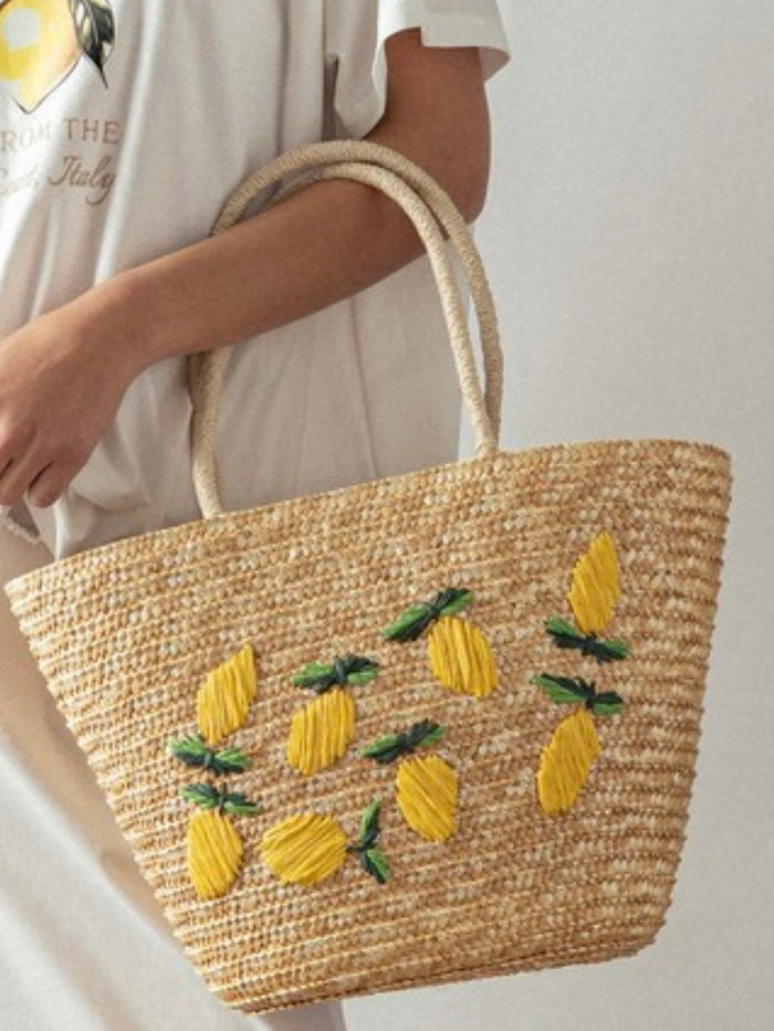 Lemon Embroidered Raffia Bag