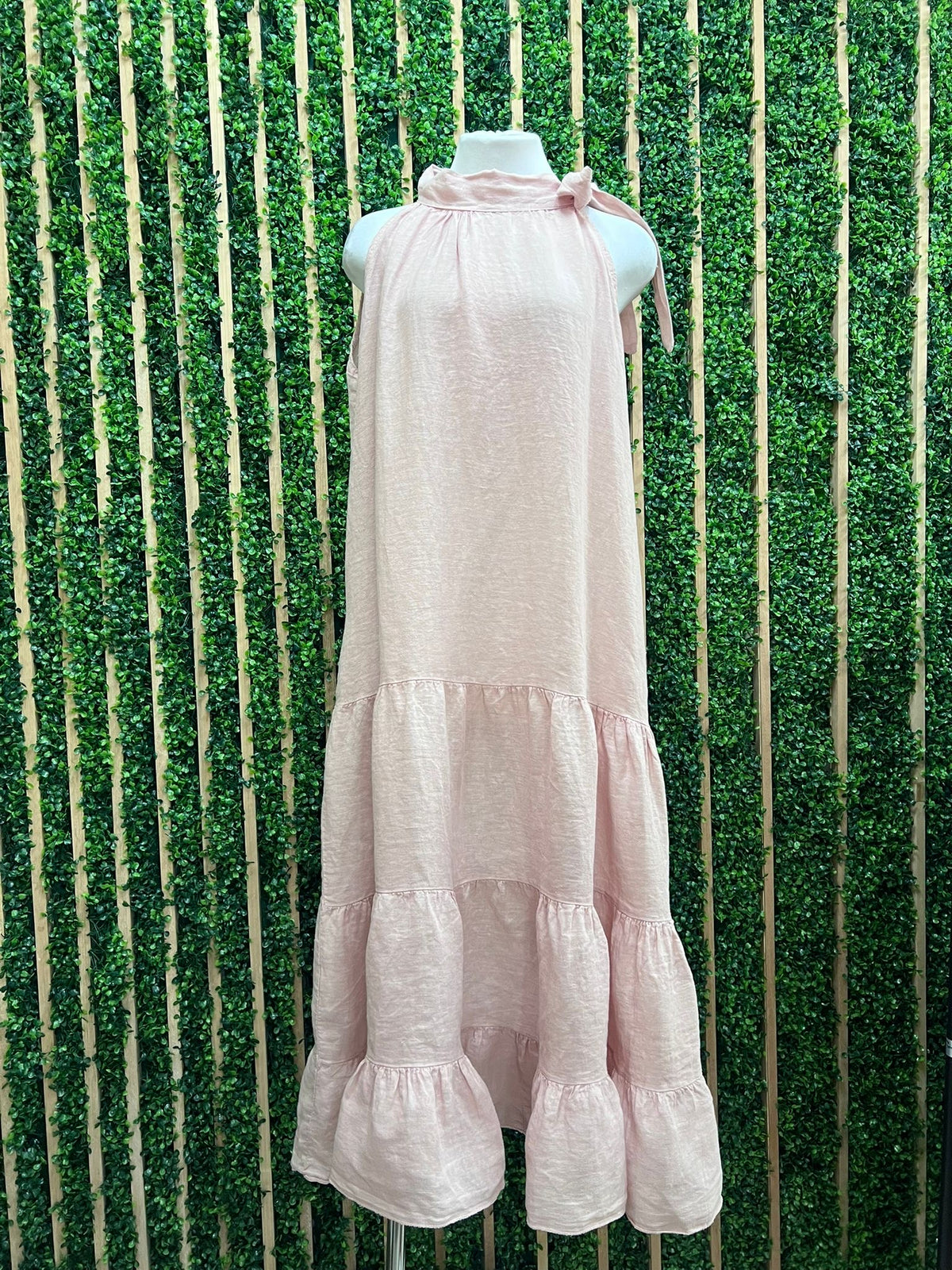 Shoulder Tie Tiered Linen Dress