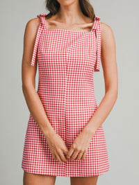 Gingham Sleeveless Short Dress With Shoulder Bow Detail