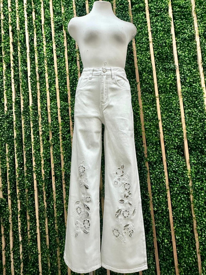 White Lace Detail Wide Leg Denim