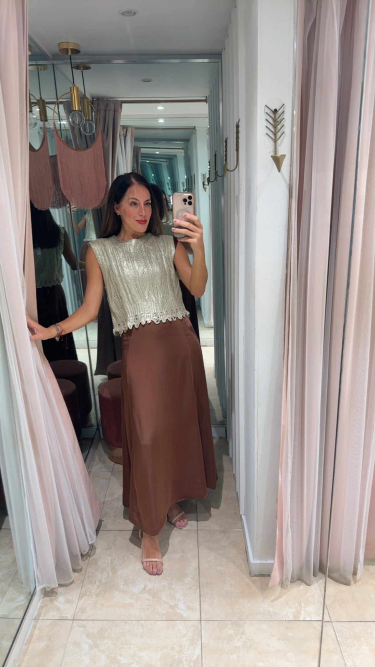 Brown Satin Belted Maxi Skirt