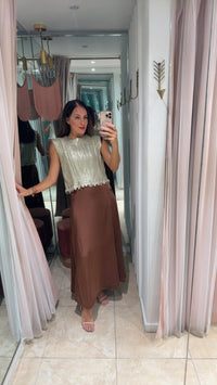 Brown Satin Belted Maxi Skirt