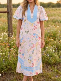 Blue Trim Pastel Puff Sleeve Floral Midi Dress
