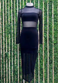 Black Mesh Mixed Detail Midi Long Sleeve Dress