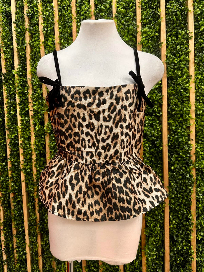 Leopard Peplum Ribbon Applique Top