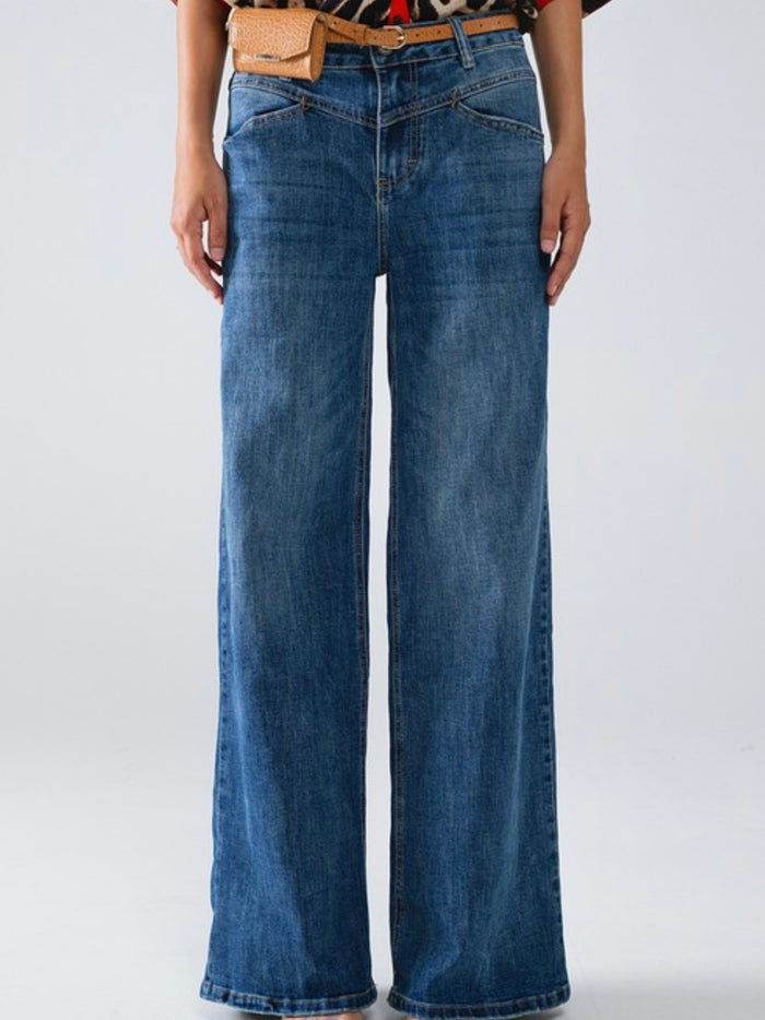 Stitch Detail Wide Leg Flare Jeans