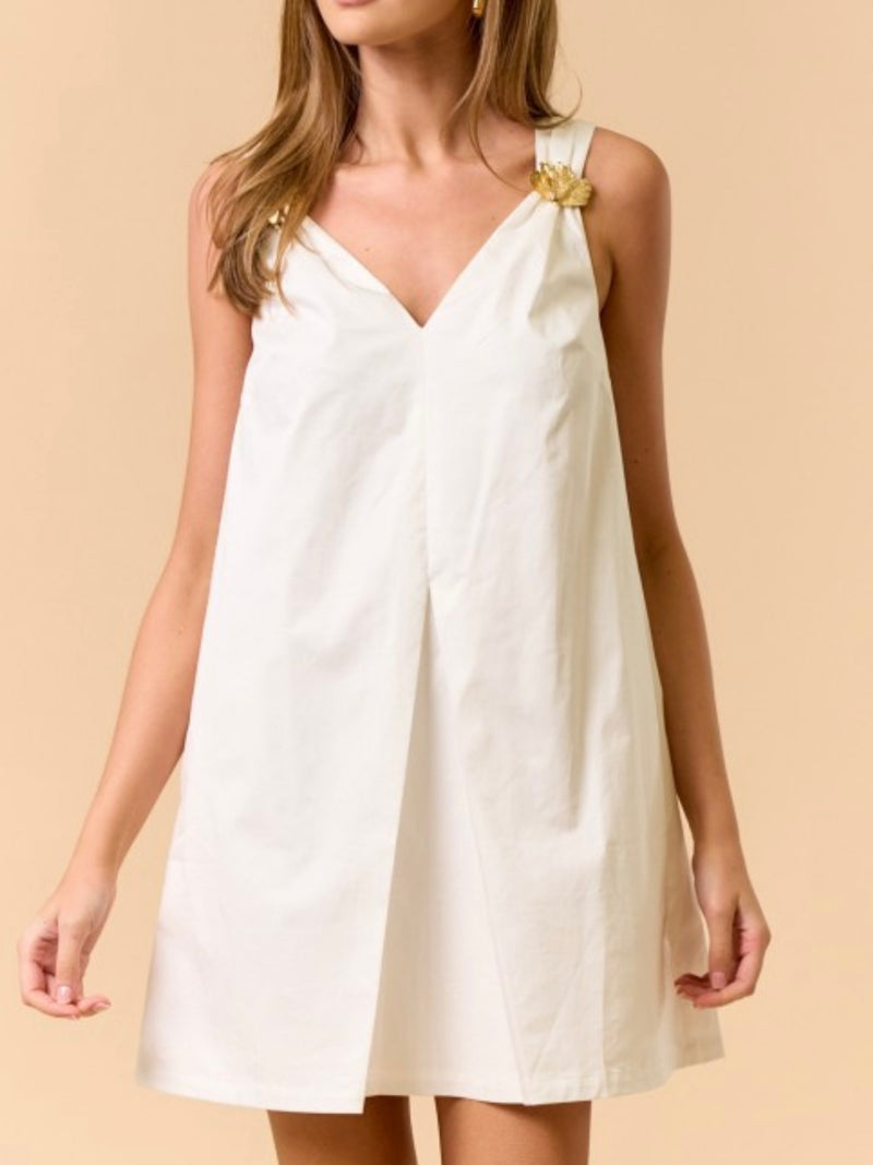 Textured Flower Detail Shirred Ivory Short Dress