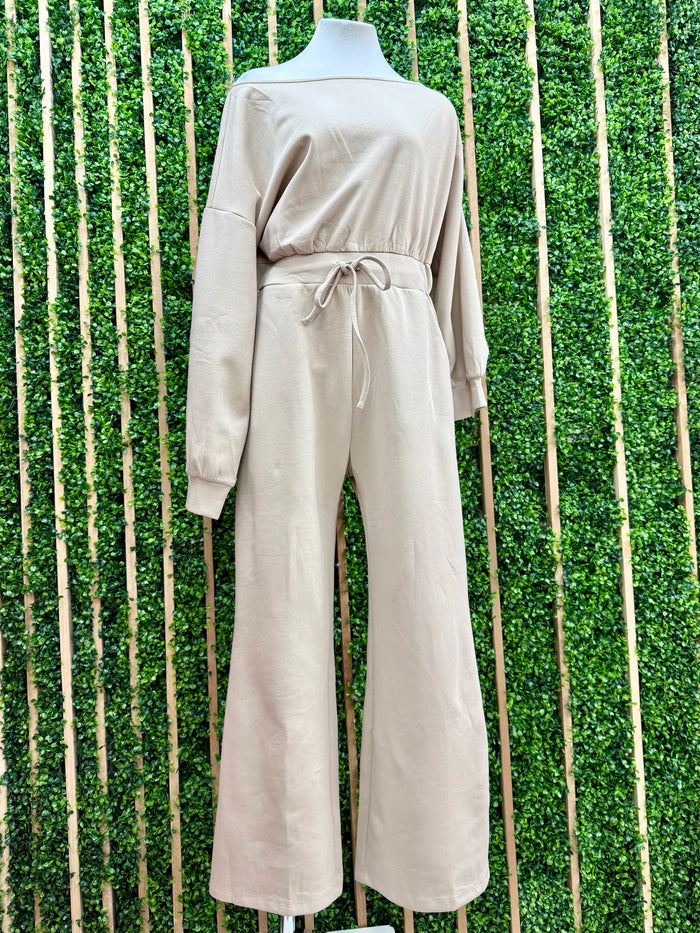 Sand Off Shoulder Long Sleeve Wide Leg Jumpsuit