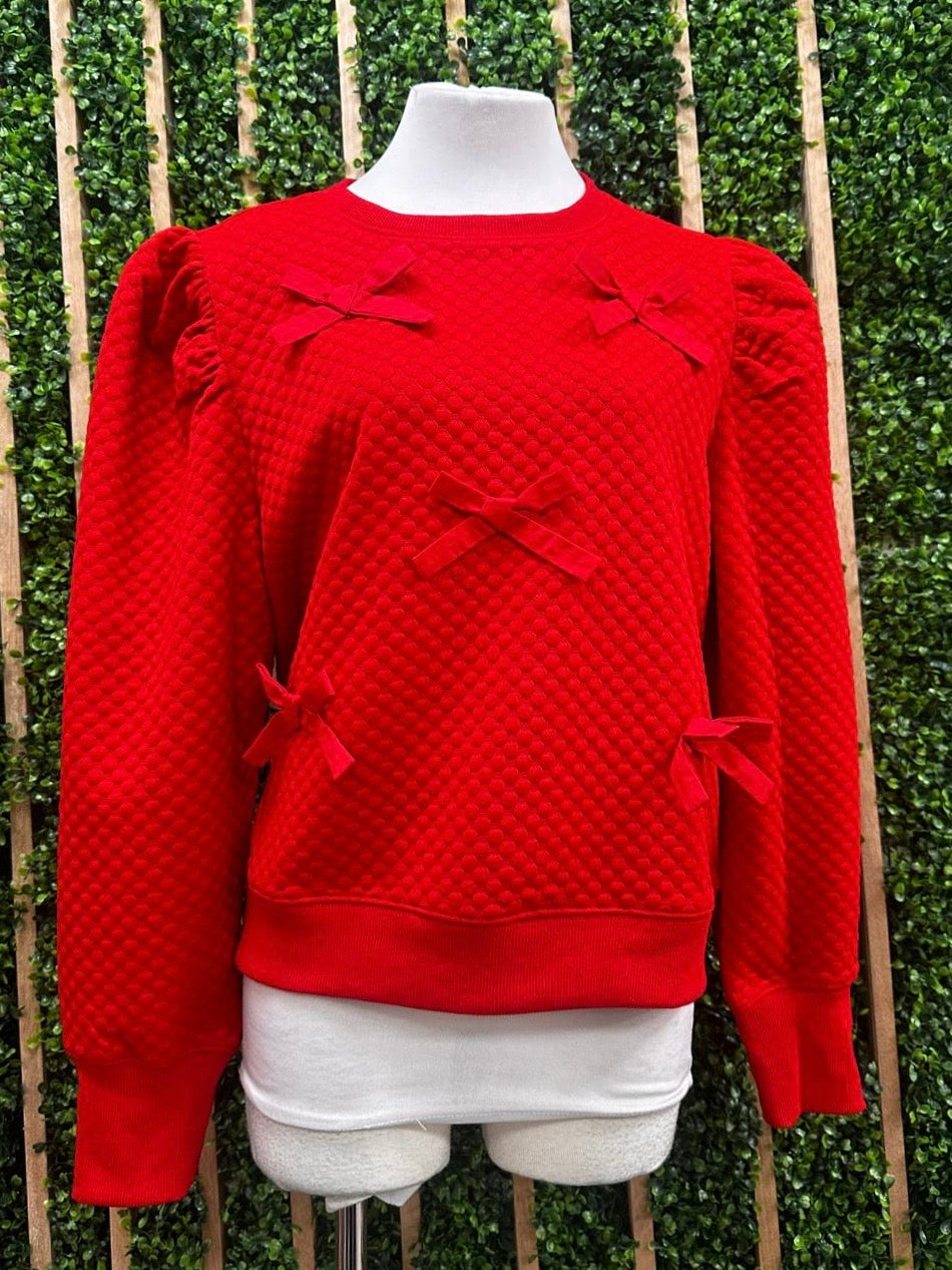 Red Bow Detail Quilted Sweater