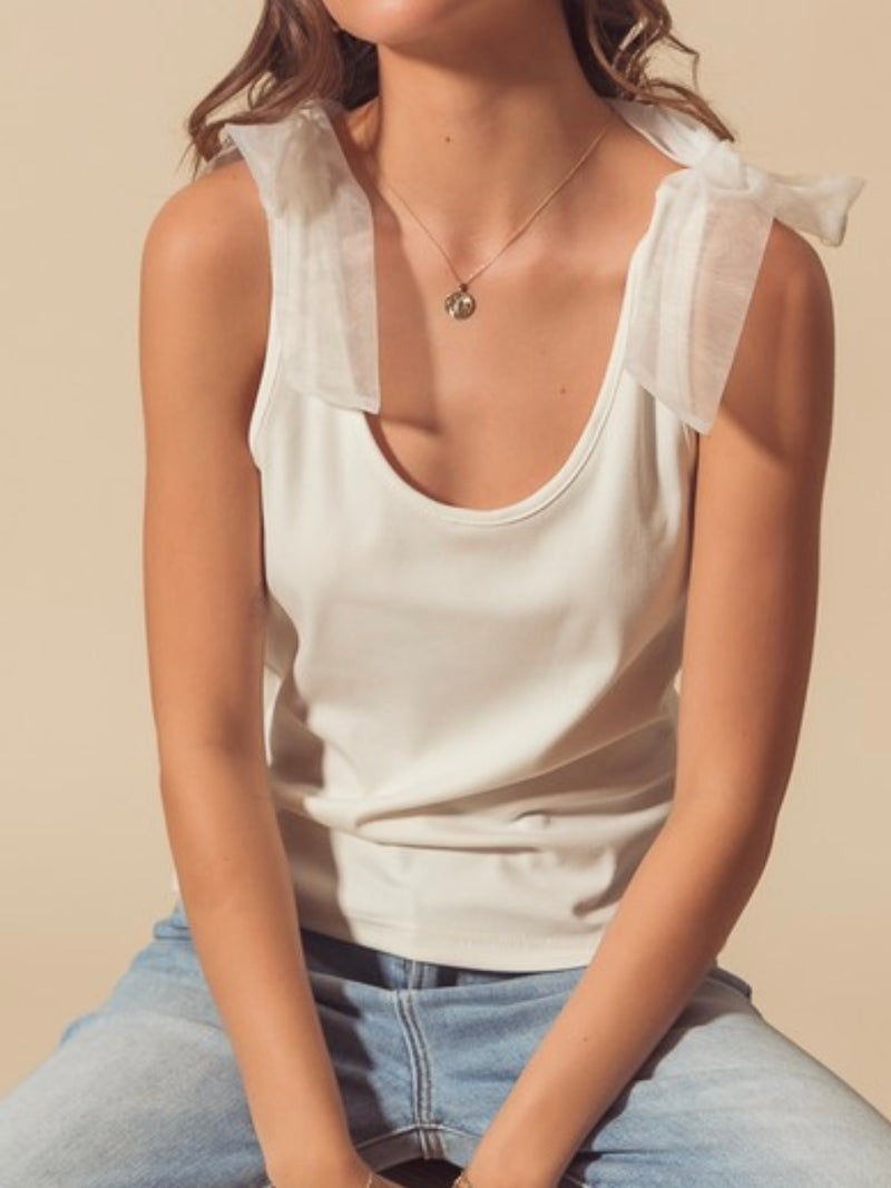 Off White Organza Tie Basic Top