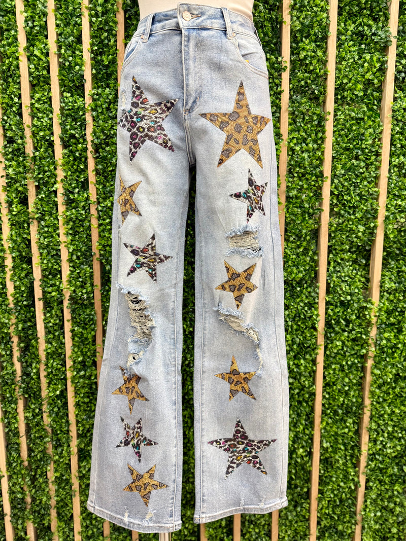 Multi Crystal Star Wide Leg Denim