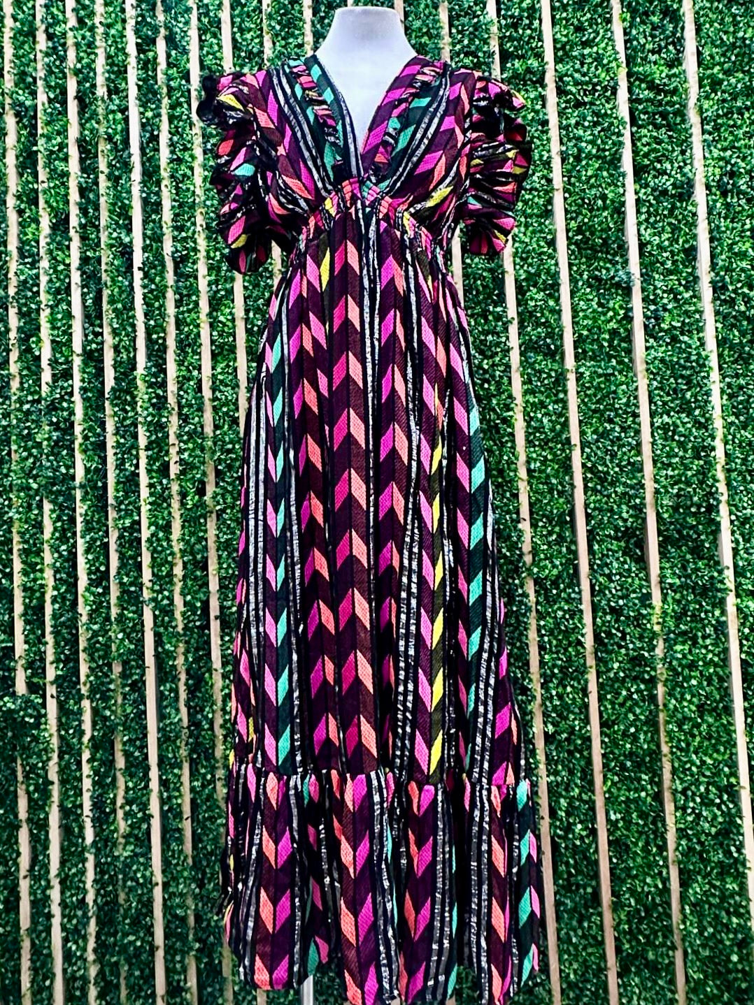 Exquisite Black Neon Metallic Ruffled Maxi Dress