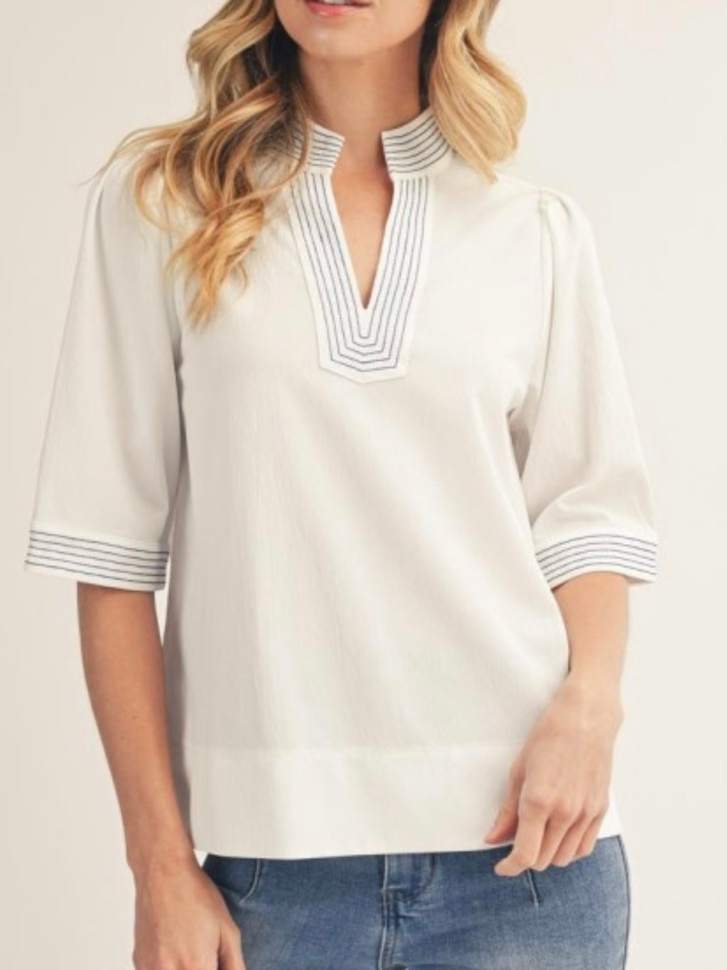White Navy Coastal Riviera Embroidered Blouse