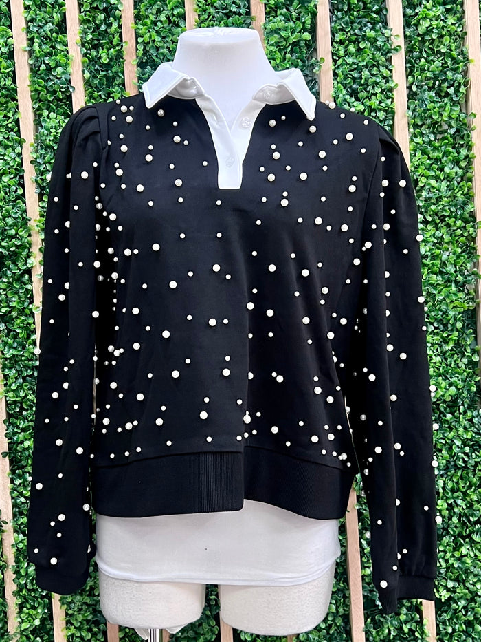 Pearl Detail Black Collared Blouse
