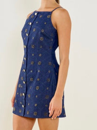 Square Neck Embellished Denim Mini Dress