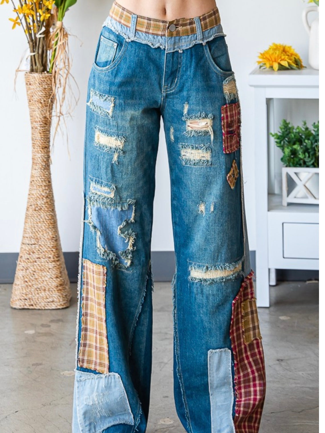 Plaid Patch Detail Wide Leg Denim
