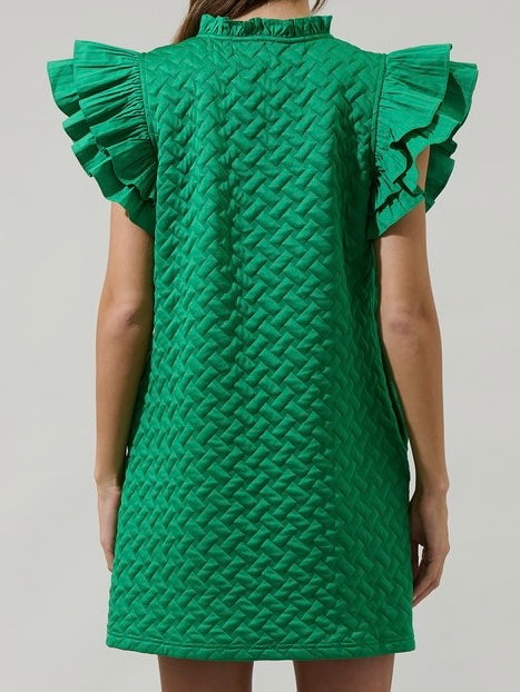 Green Quilted Ruffle Short Dress