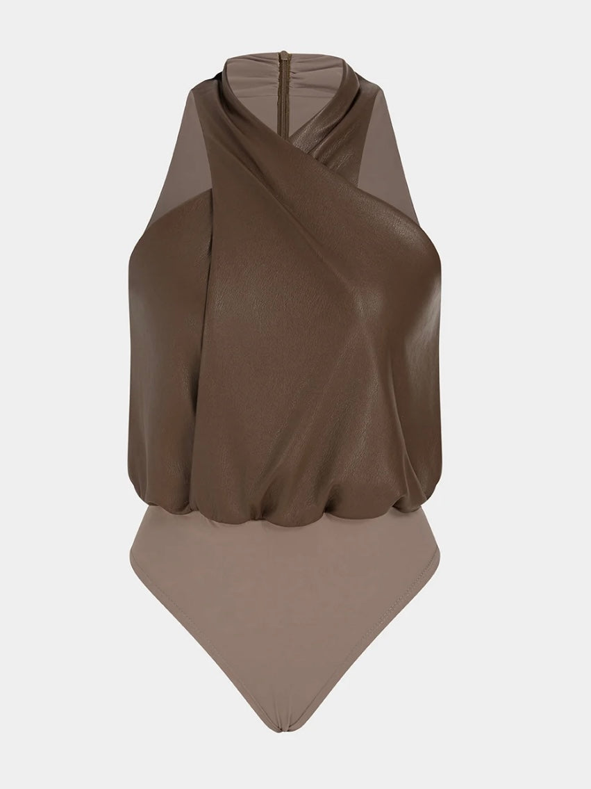 Chocolate Faux Leather Cross-Front Halter Bodysuit