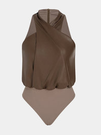 Chocolate Faux Leather Cross-Front Halter Bodysuit