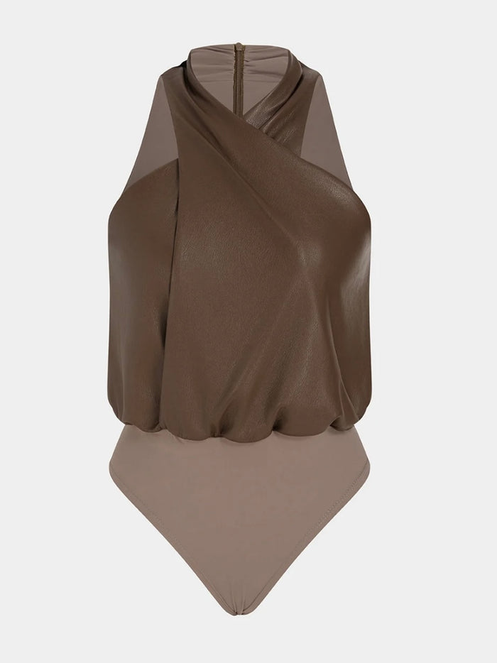 Chocolate Faux Leather Cross-Front Halter Bodysuit