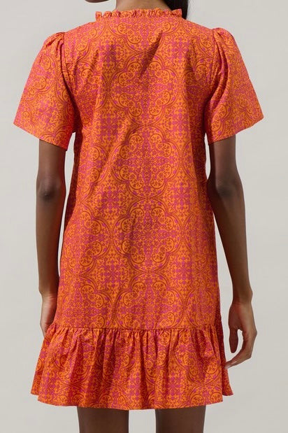 Orange Vines Split Neck  A Line Short Dress