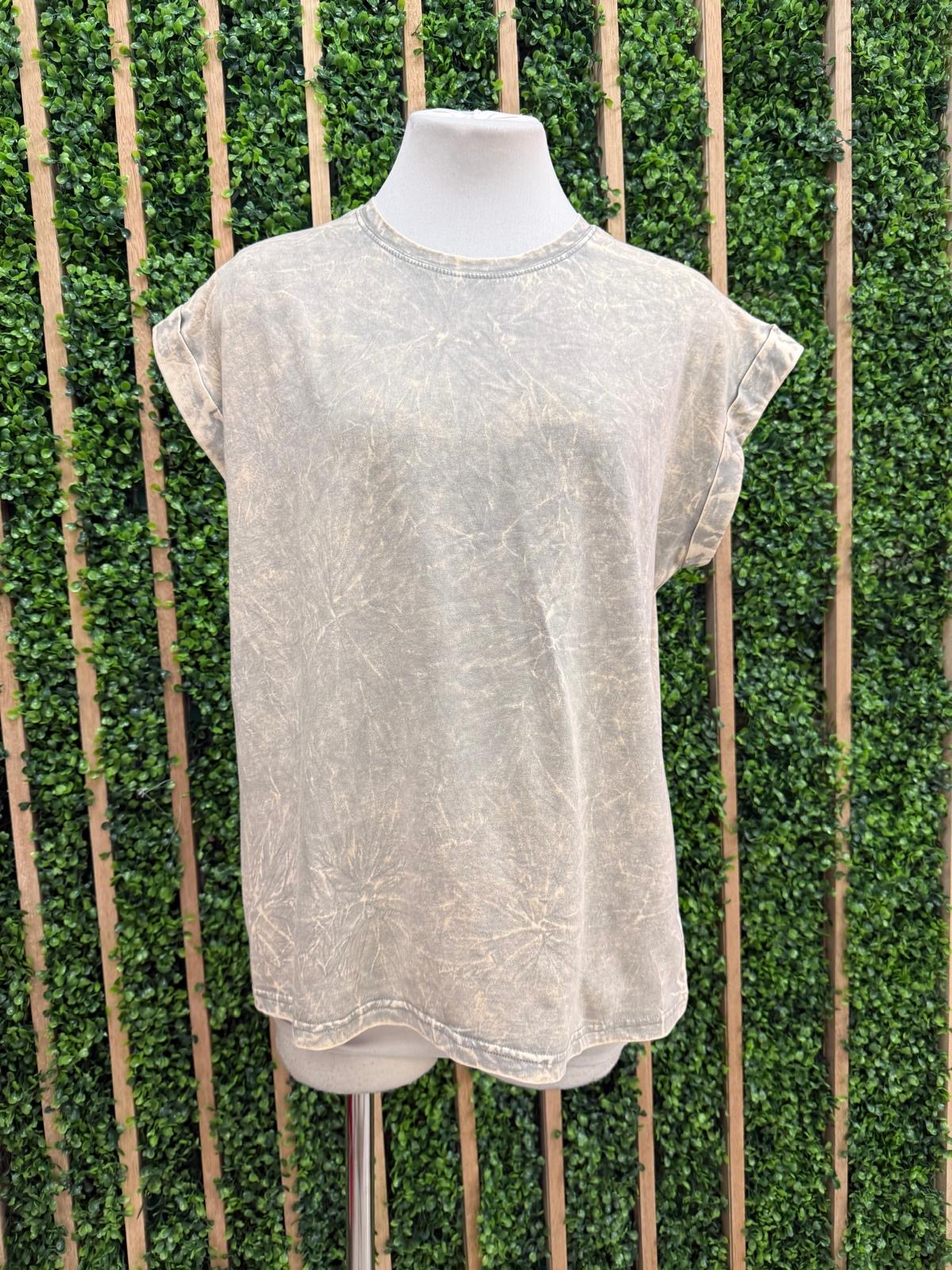 Crinkled Wash Round Neck Folded Short Sleeve Top
