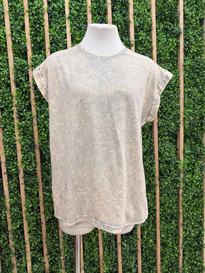 Crinkled Wash Round Neck Folded Short Sleeve Top
