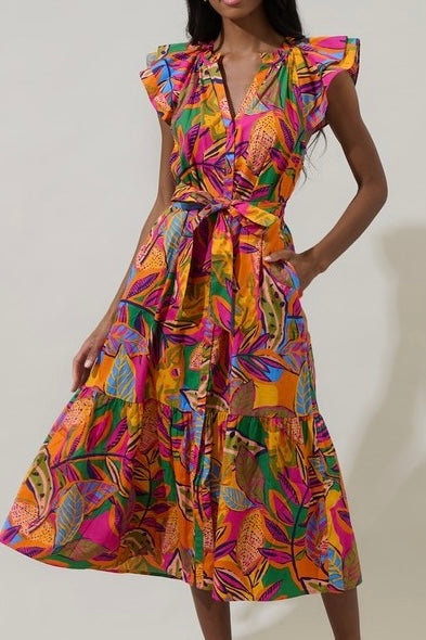 Orange Pink Multi Floral Midi Dress