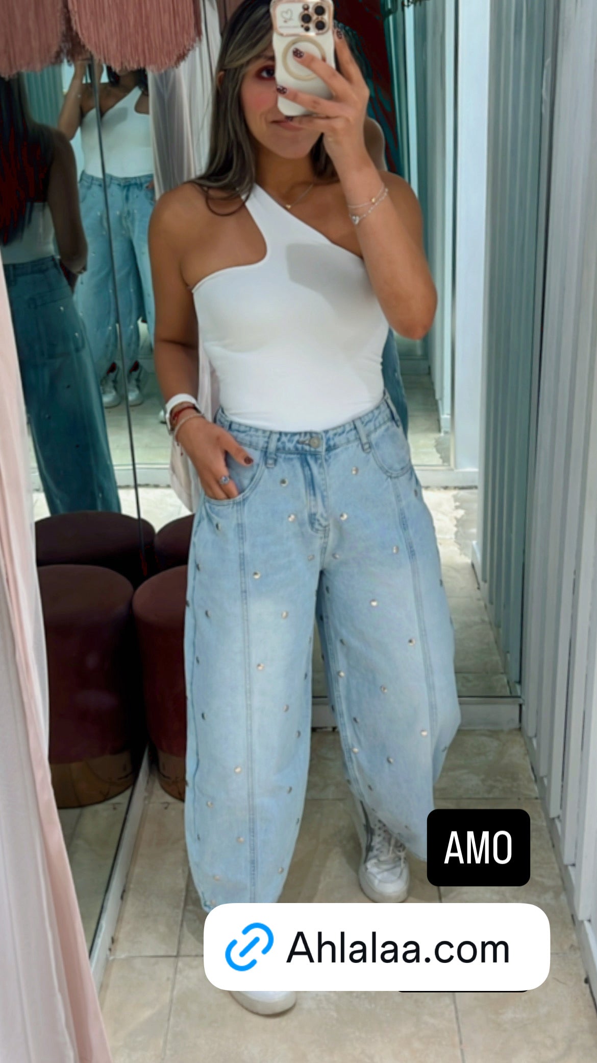 Studded Barrel Denim Pants